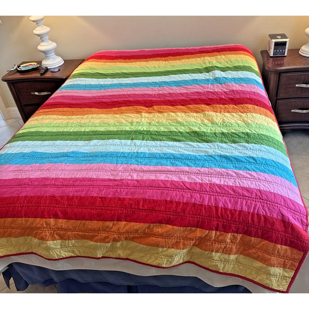 Quilt Twin/ Full  Comforter Cotton Rainbow Colors / Red Reversible 62x 92 *See